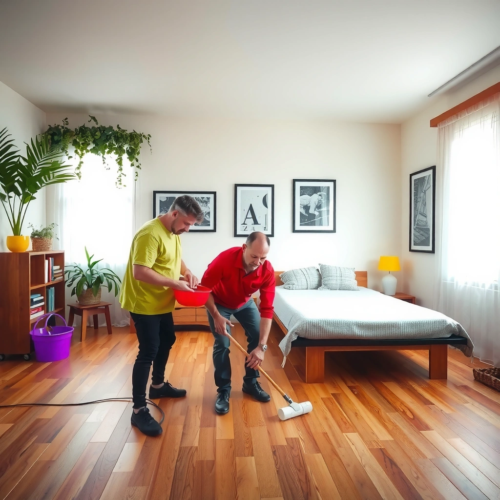 A room prepared for laminate floor removal, showing furniture covered and floors protected.