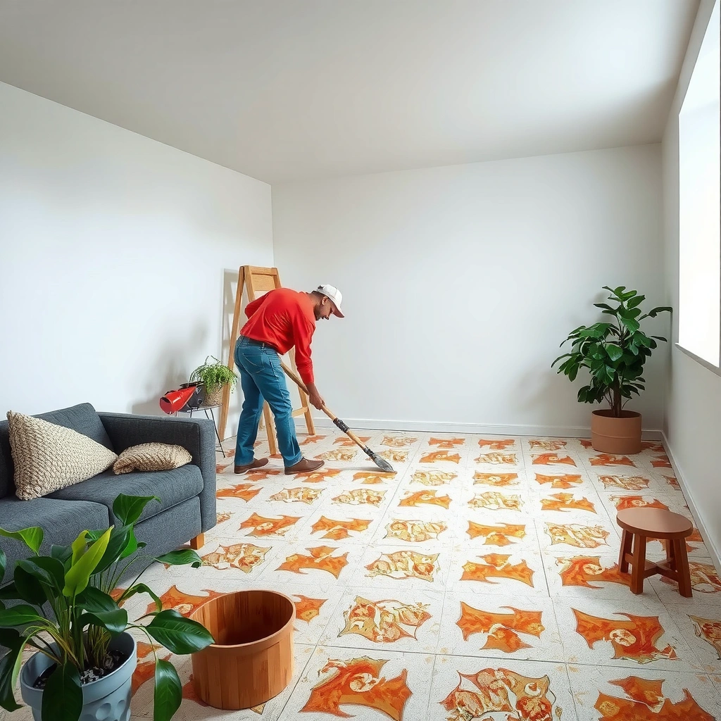 Preparing the room by removing furniture and protecting the subfloor for mosaic tile removal.
