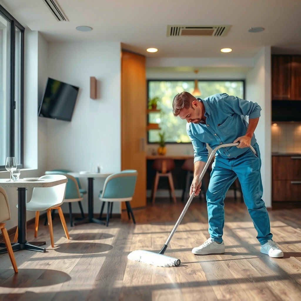 Various prep tools and cleaners for laminate floor cleaning in a restaurant setting