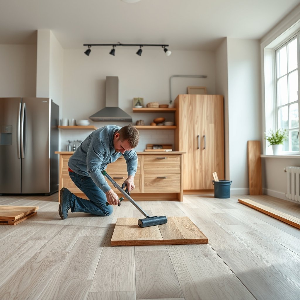 Tools and preparation steps for removing engineered wood floors in a kitchen.