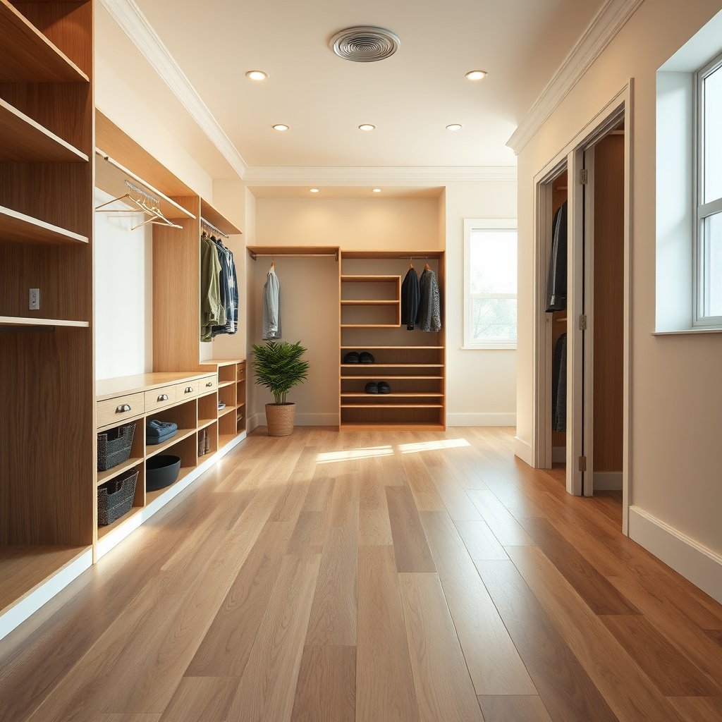 Tools and layout preparation for measuring vinyl floors in a closet.
