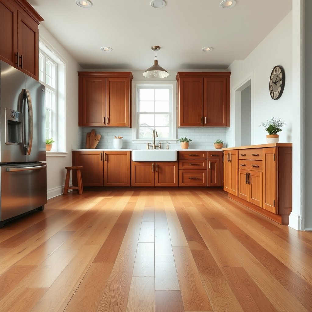 Kitchen prep for cleaning hardwood floors, showing items to clear and avoid during the process.