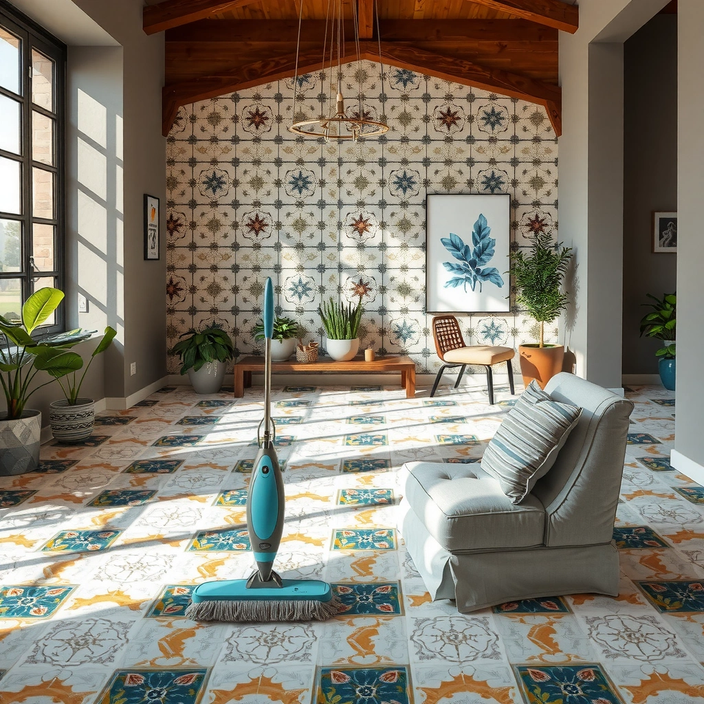 Person sweeping and vacuuming mosaic tile floors to remove loose debris before mopping.