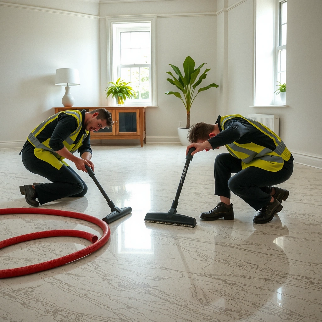 A clean workspace setup for removing granite floors, highlighting safety measures and dust control.