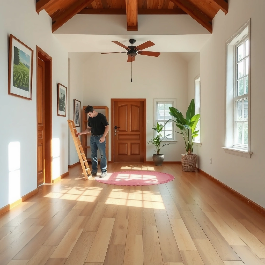 A person carefully prepping a bamboo floor area to remove paint without causing damage.