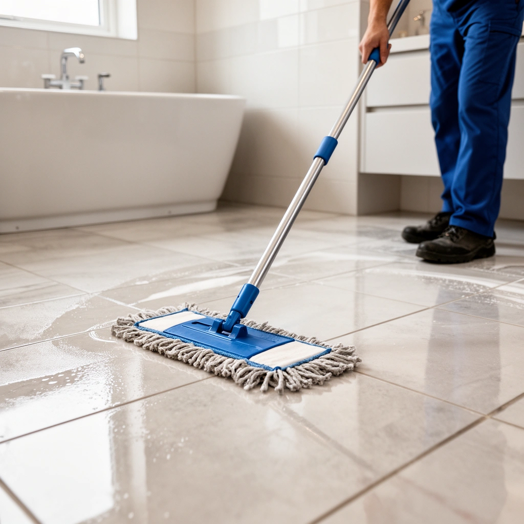 Clean bathroom floor preparation before mopping, showing tools and techniques for effective cleaning.
