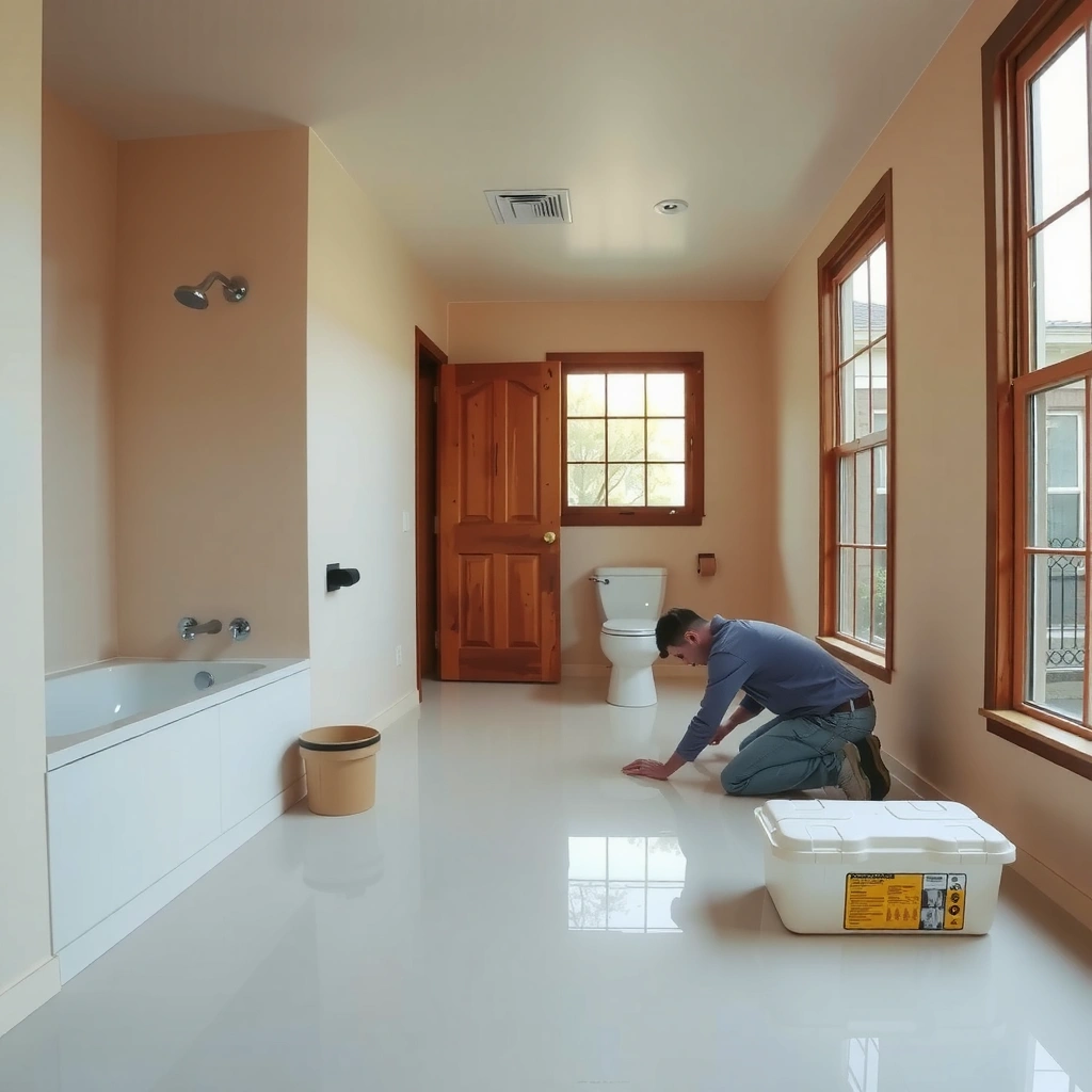 Preparation of a bathroom floor for polyurethane bonding, showcasing cleaning and leveling techniques.