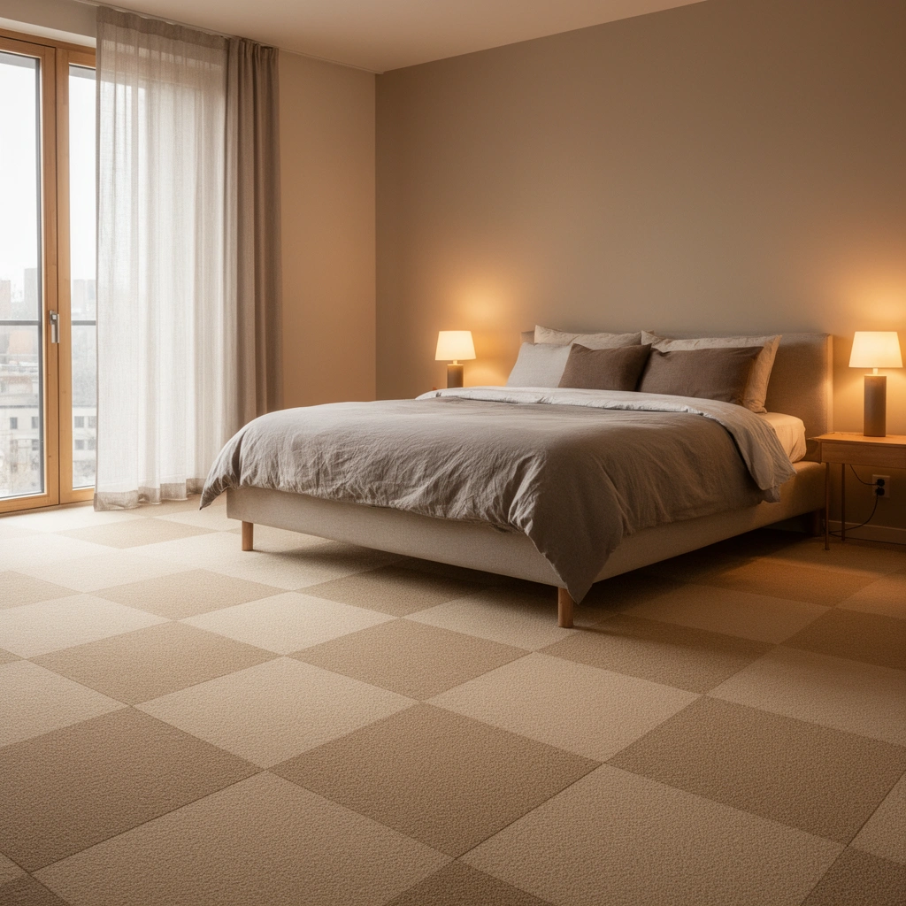 Properly prepared bedroom floor ready for carpet tile installation