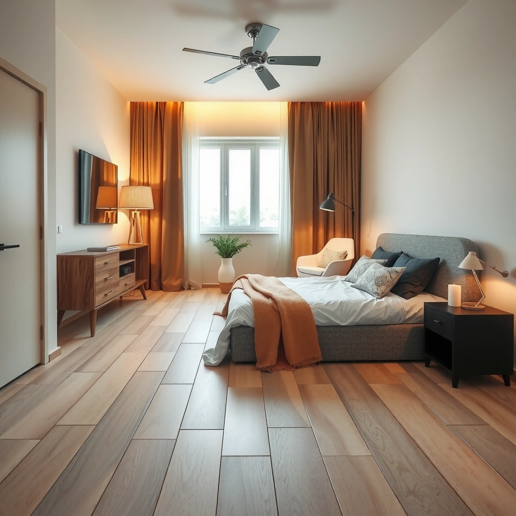 A clean bedroom floor ready for ceramic tile installation with tools and materials laid out.