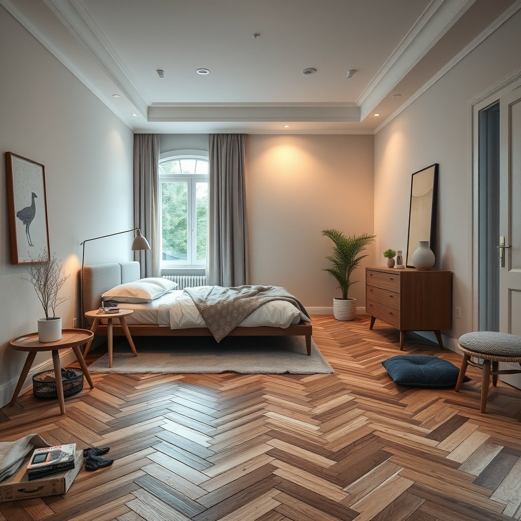 Clean and leveled bedroom subfloor ready for herringbone floor installation
