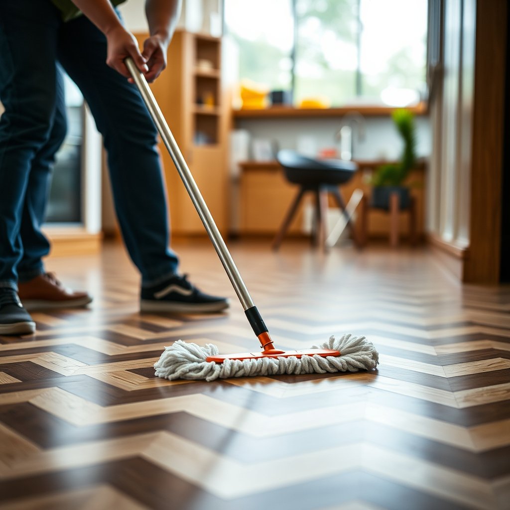 Clean chevron floors being prepped for mopping with a broom and cleaning supplies.