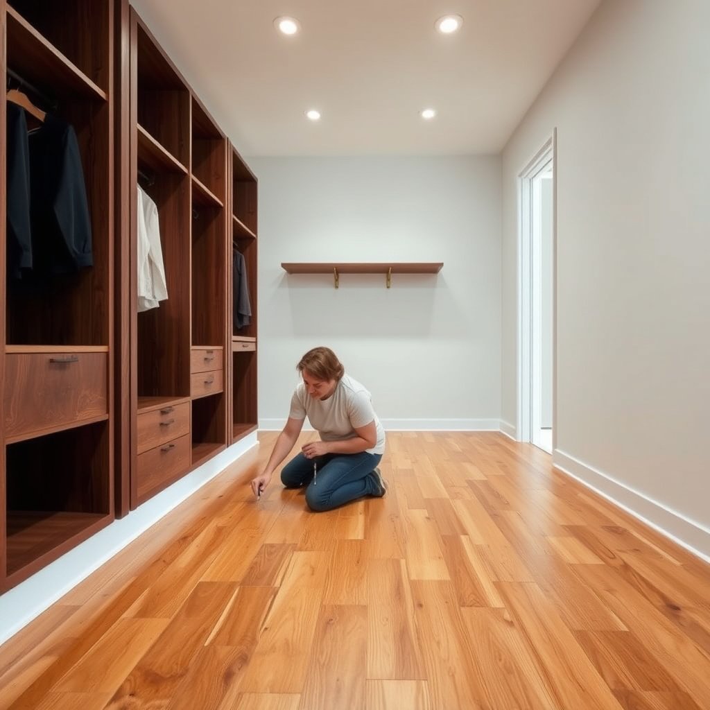 Tools and materials gathered for removing hardwood floors from a closet