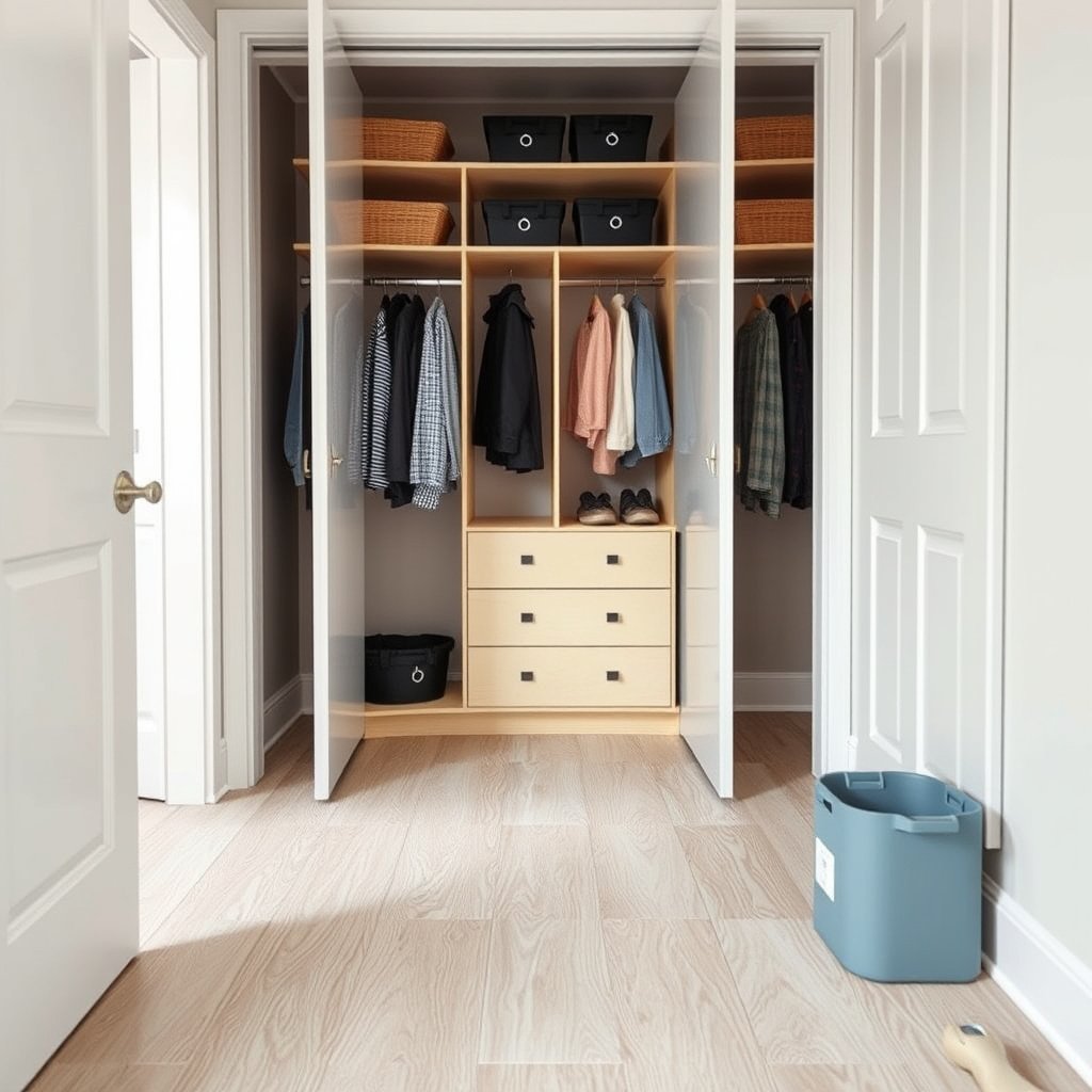 Person prepping closet and wearing protective gear for vinyl floor removal process