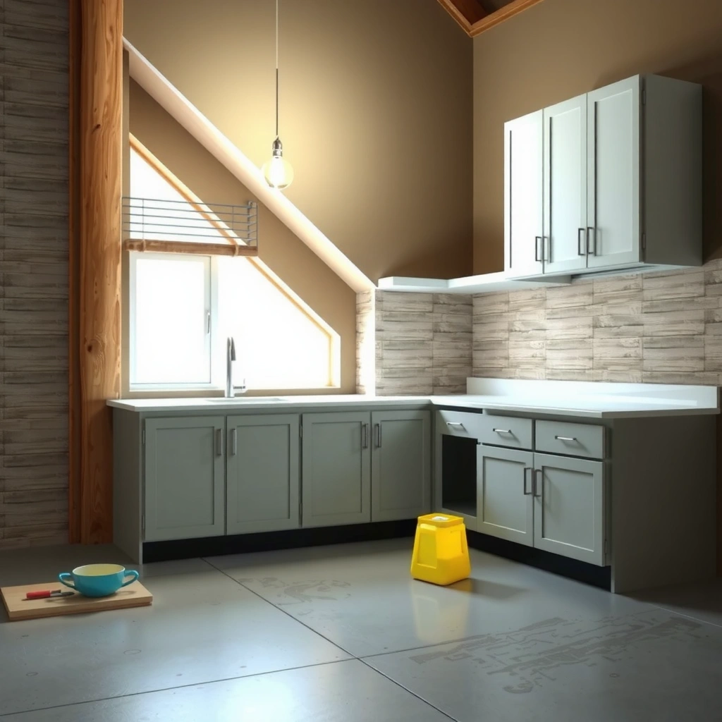 A worker prepping a concrete floor for installation around cabinets, showcasing essential steps before cutting.