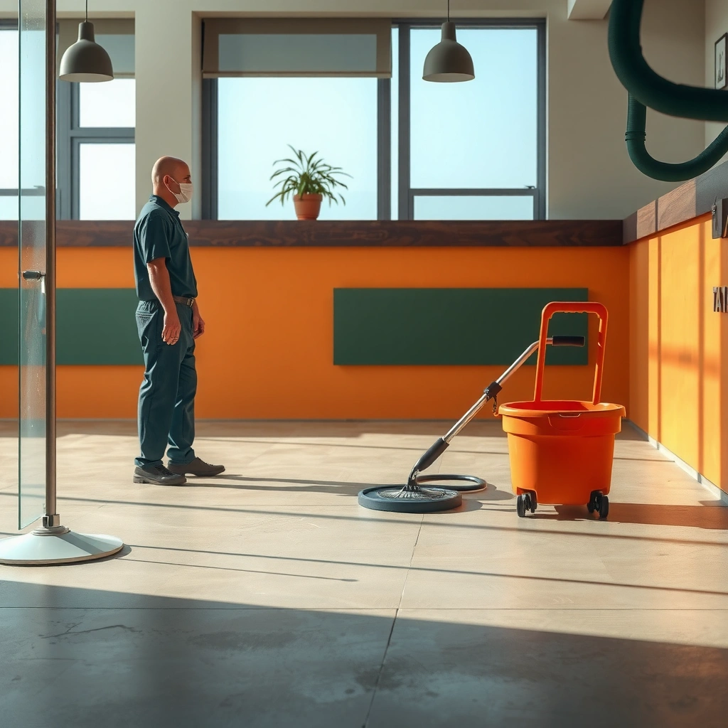 A clean concrete floor ready for deep cleaning preparation with tools and materials laid out.