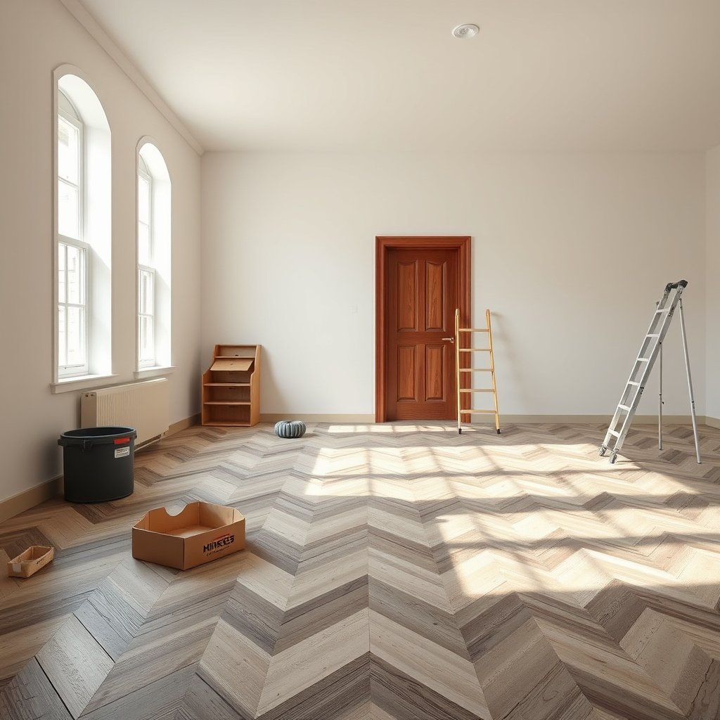 Preparation of concrete surface for installing chevron flooring with tools and materials.