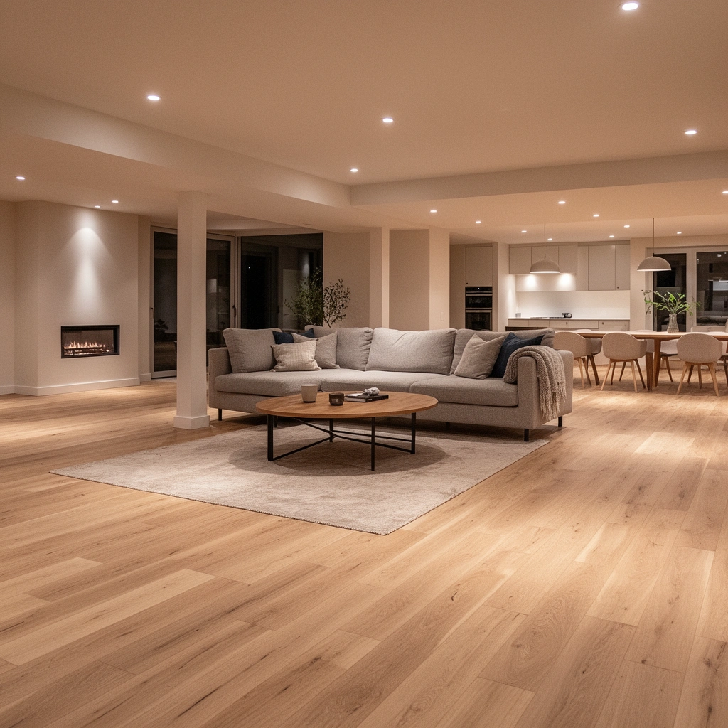 Image showing the process of prepping a concrete slab for living room basement floors, focusing on moisture and flatness.