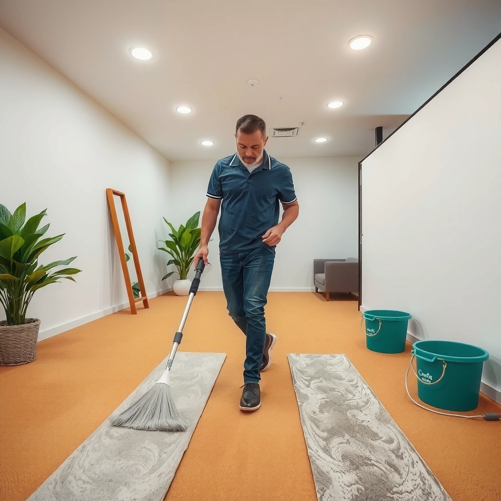 Image showing the area preparation for deep cleaning cork floors, including removing grit and debris.