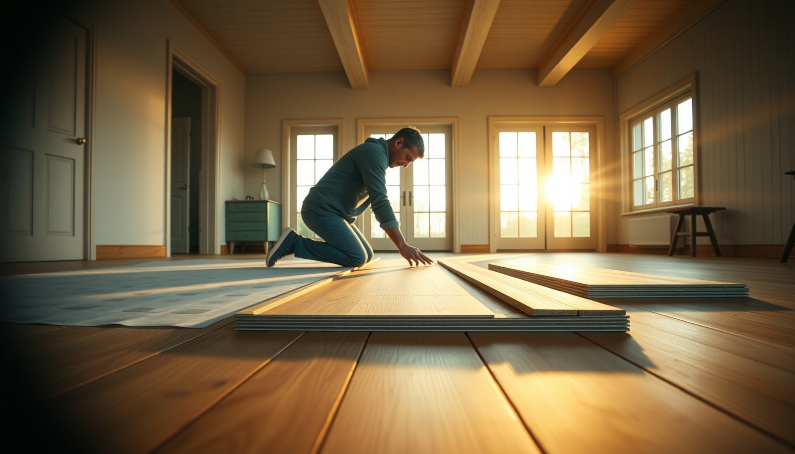 Step-by-step guide on preparing engineered wood floors for a dining room setup.