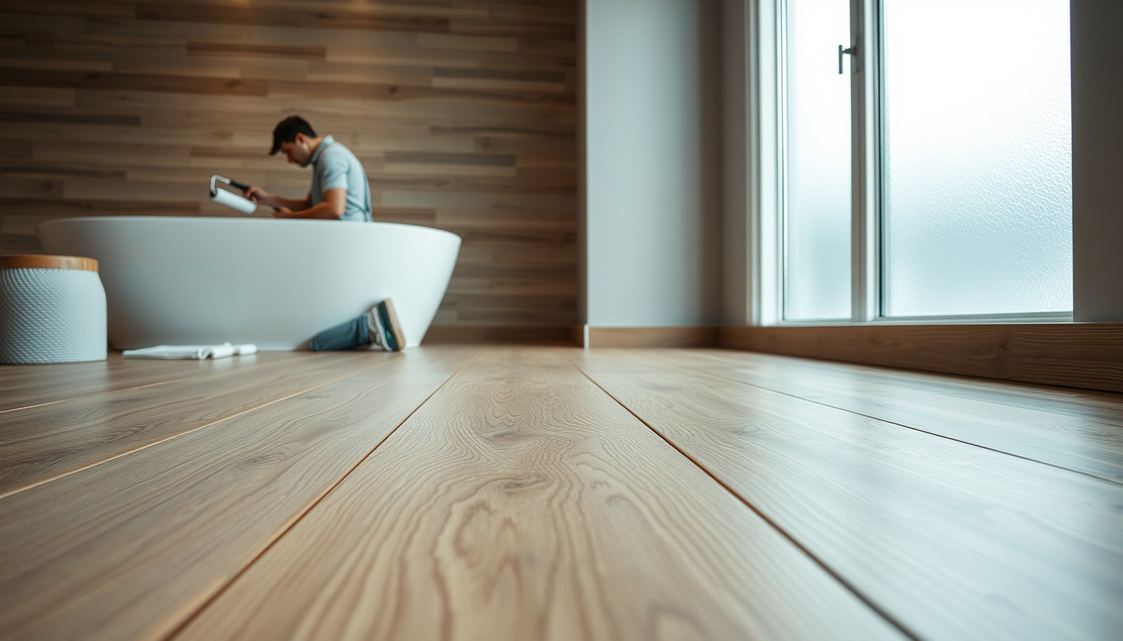 Steps to prepare engineered wood floors for bathroom use, ensuring durability and water resistance.