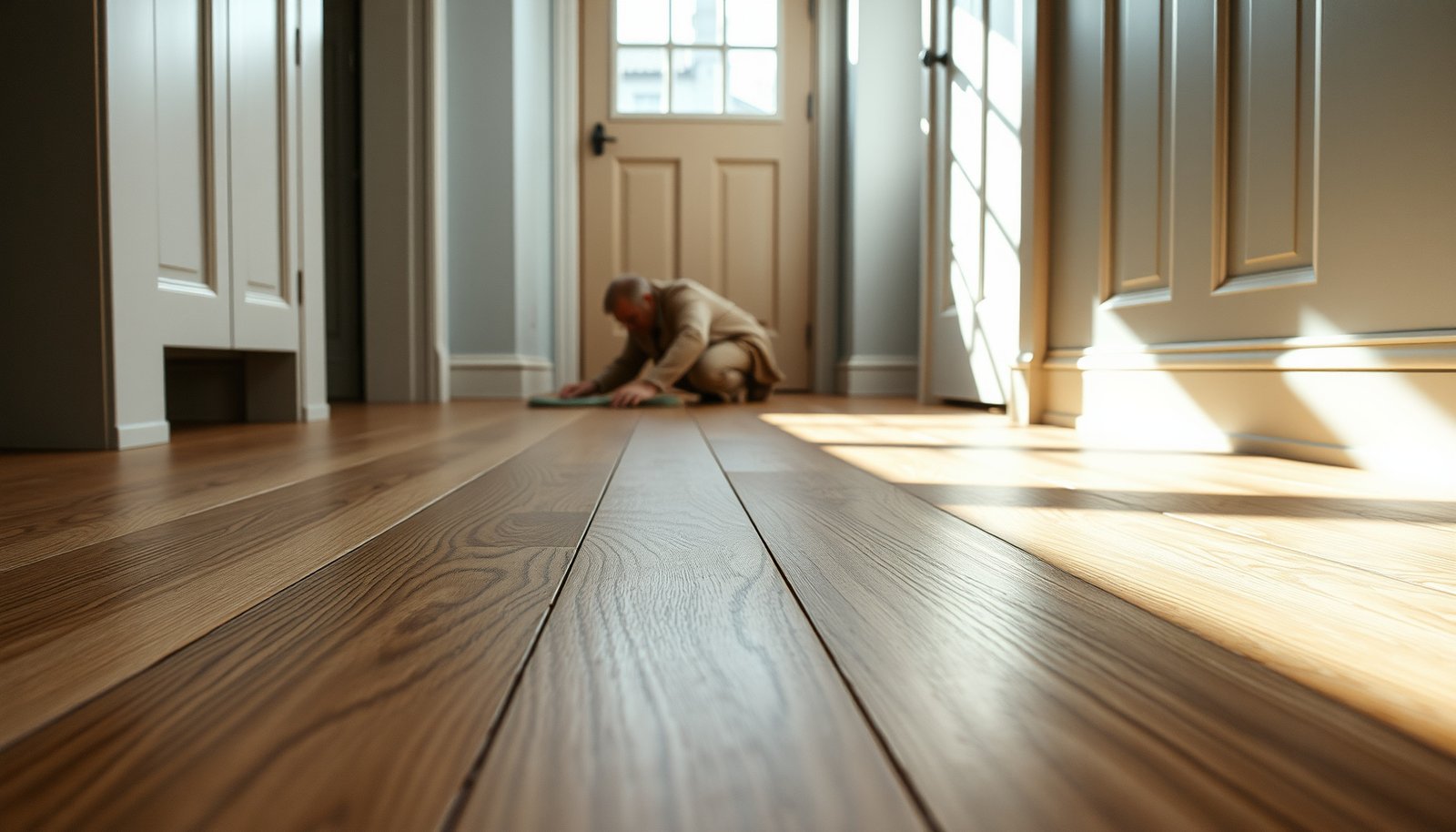 Step-by-step guide on preparing engineered wood floors for a mudroom area.