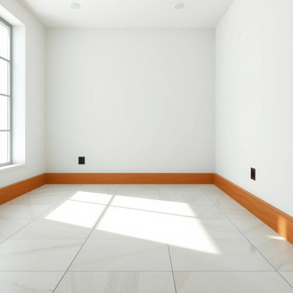 A worker prepping the floor edge and checking for flatness before installing baseboards with ceramic tile floors.