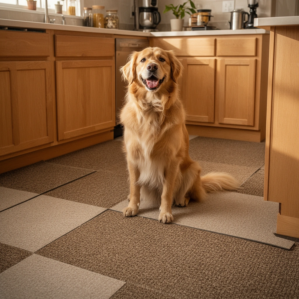 Floor preparation and cutting plan for installing carpet tiles around cabinets