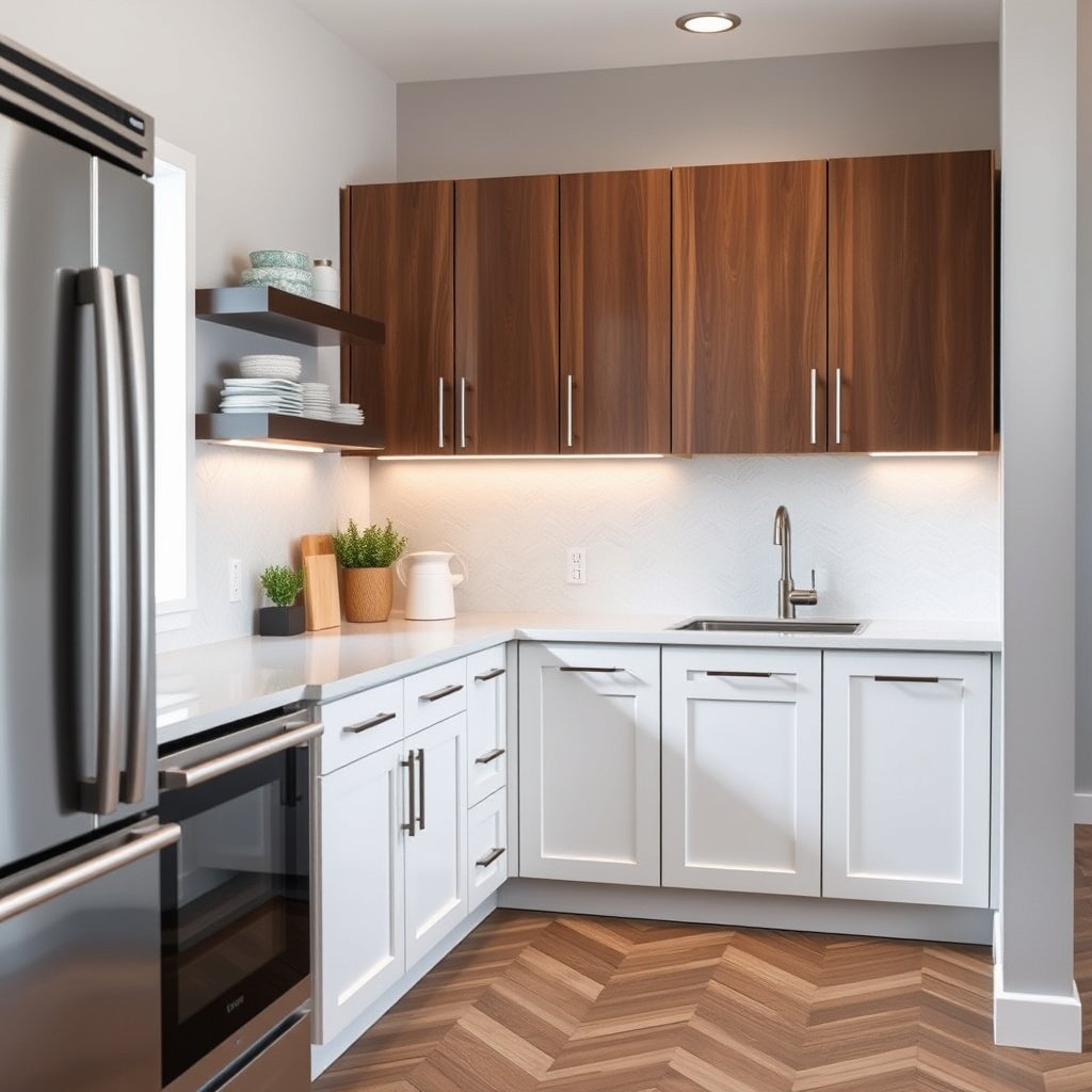 Prep floors and underlayment around cabinet areas for Chevron flooring installation