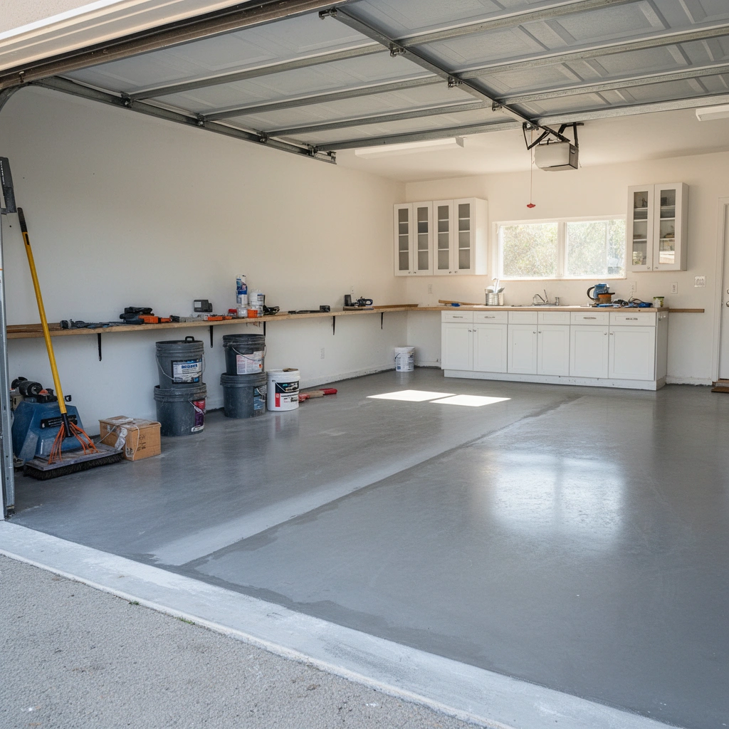 Preparation process for garage concrete floor before installation of kitchen garage floors.