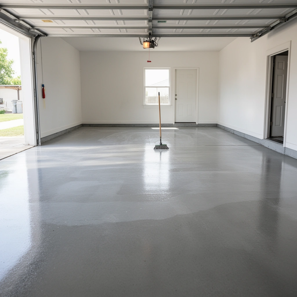 A clean garage floor area prepared for cleaning, showcasing tools and materials needed for effective floor maintenance.