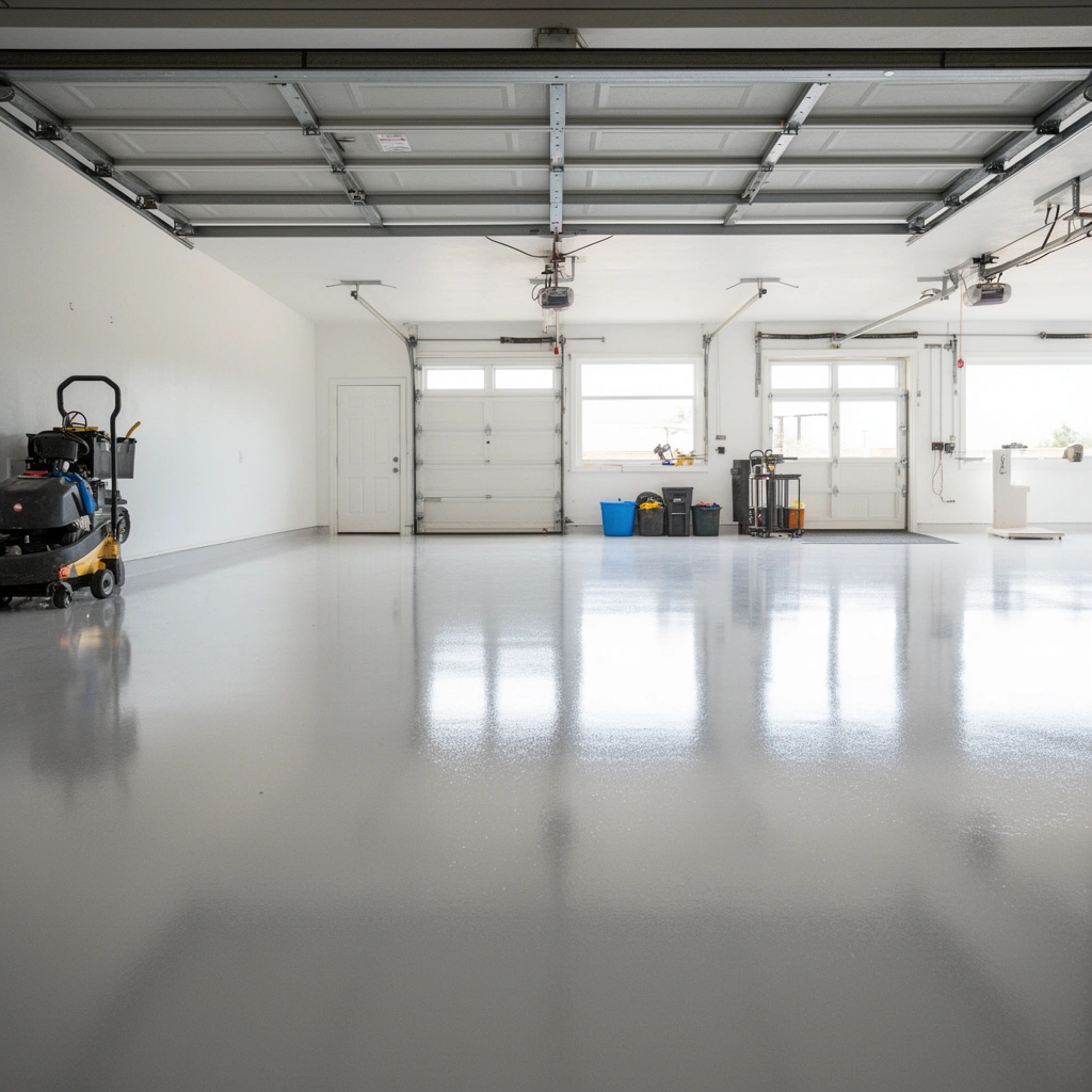 Clean, repair, and dry garage floor before polishing for best results.