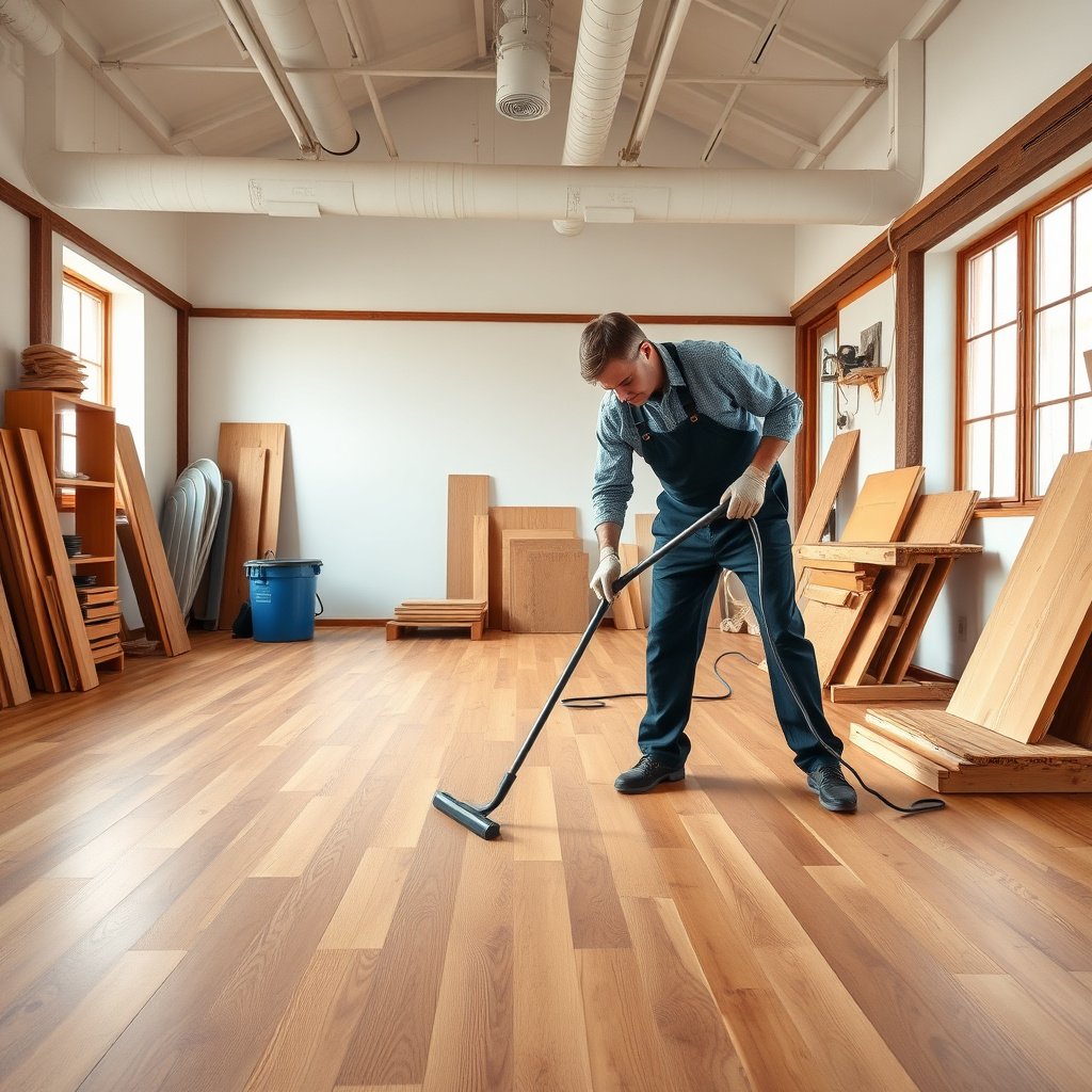 Preparing hardwood floors and protecting the finish before cleaning in a workshop
