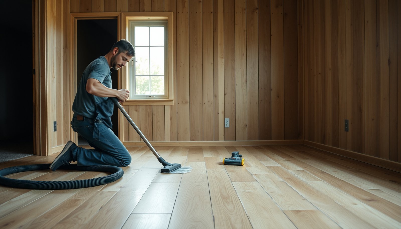 Steps to prepare hardwood floors for closet installation, showcasing tools and techniques.