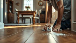 Step-by-step guide on preparing hardwood floors for a dining room renovation.