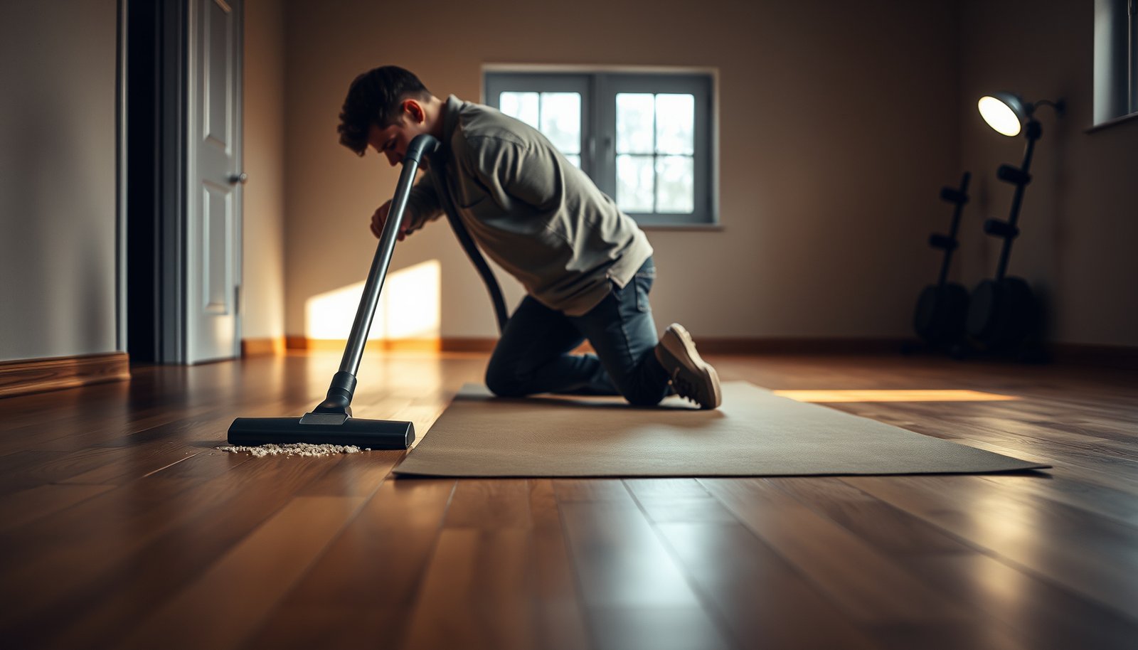 Guide to preparing hardwood floors for a home gym setup with protective measures.