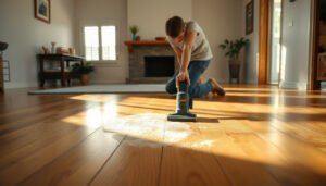 Step-by-step guide on how to prepare hardwood floors for a living room setup.