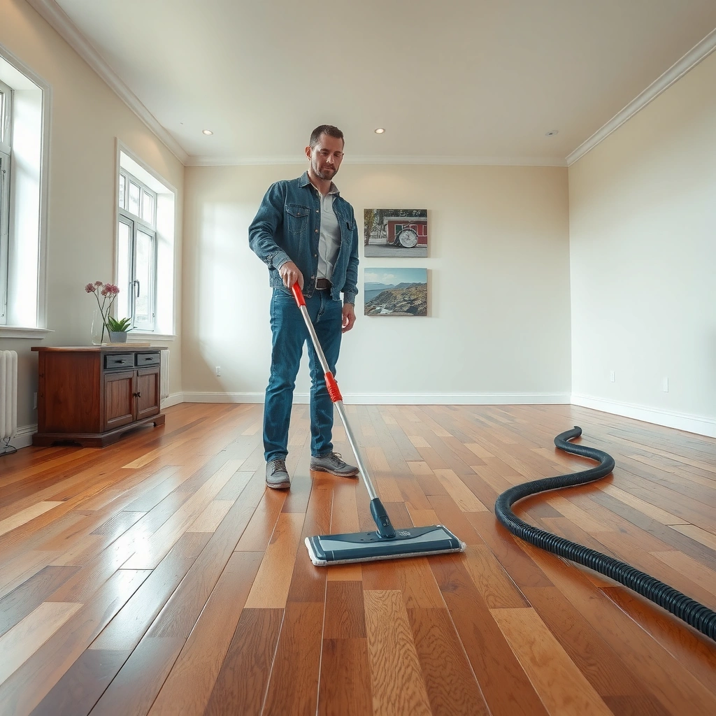 Clearing dust and checking floor finish before mopping hardwood floors