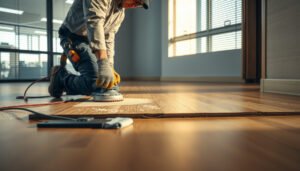 Steps to prepare hardwood floors for a commercial office setting, showcasing tools and techniques.