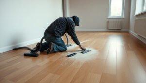 A person cleaning and preparing hardwood floors for a rental property.