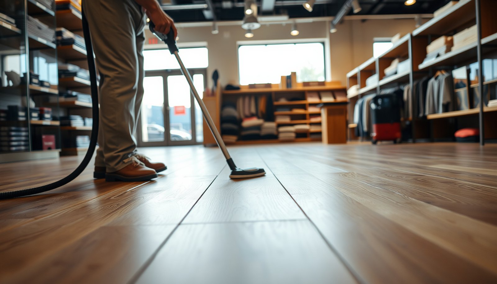 Step-by-step guide on preparing hardwood floors for a retail store environment.