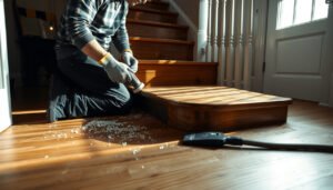 A person preparing hardwood floors for a staircase renovation, showcasing tools and materials.