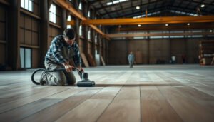 Step-by-step guide for preparing hardwood floors in a warehouse setting.