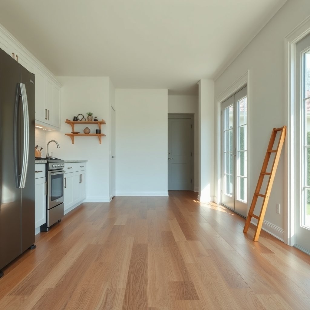 A kitchen with hardwood floors being prepped for waterproofing, showcasing the process and tools used.