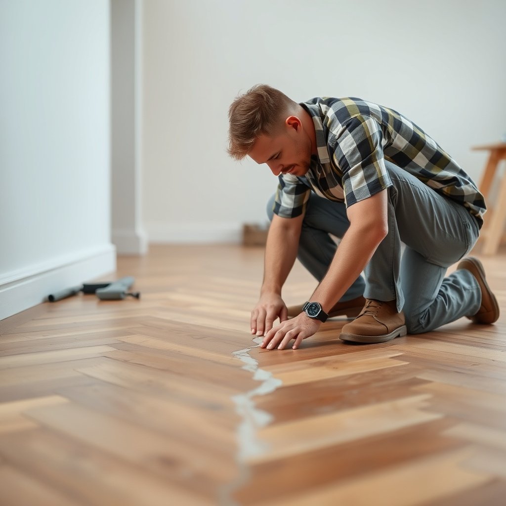 Preparing the repair area for herringbone floor cracks with selected materials.