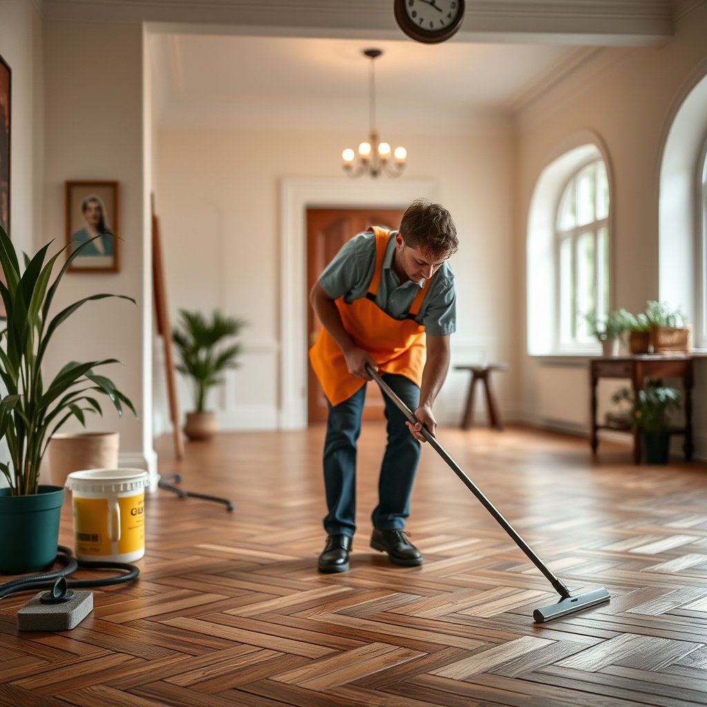 Preparing herringbone floors by removing furniture and sweeping to ensure dirt is lifted, not ground in.