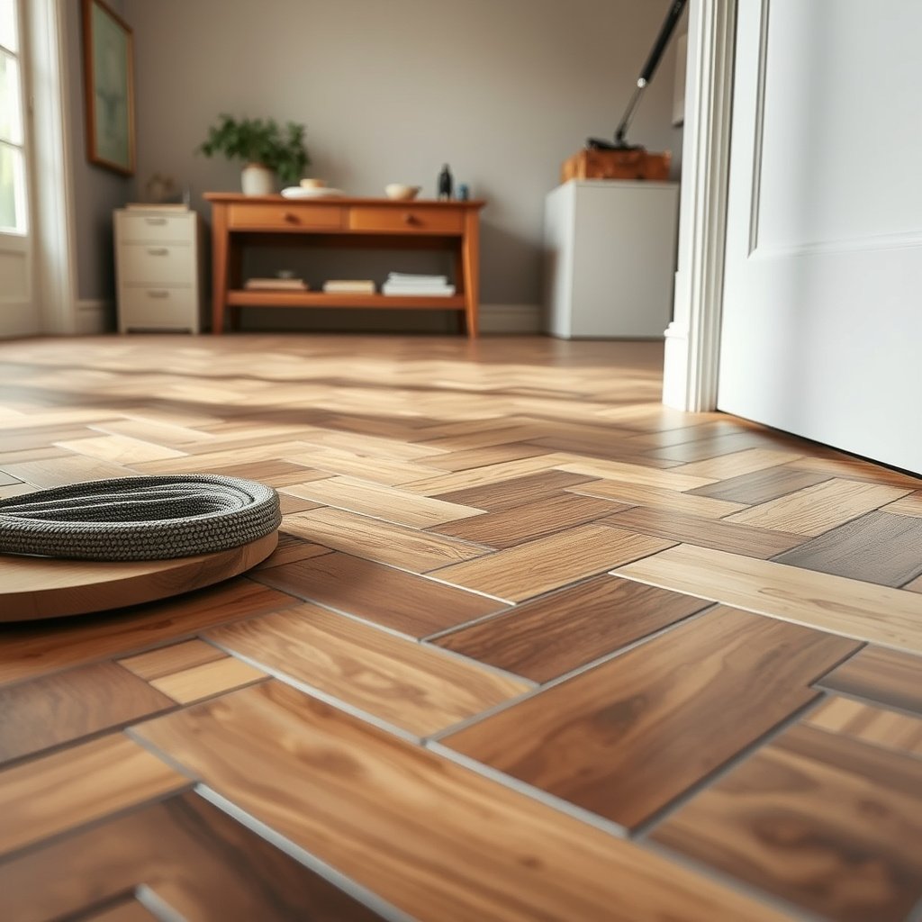 Preparing a straight herringbone layout on an uneven floor surface for installation.