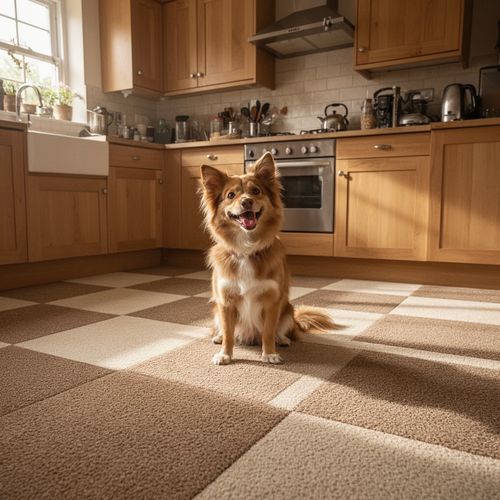 Clean and leveled kitchen floor ready for installing carpet tiles in a step-by-step guide.