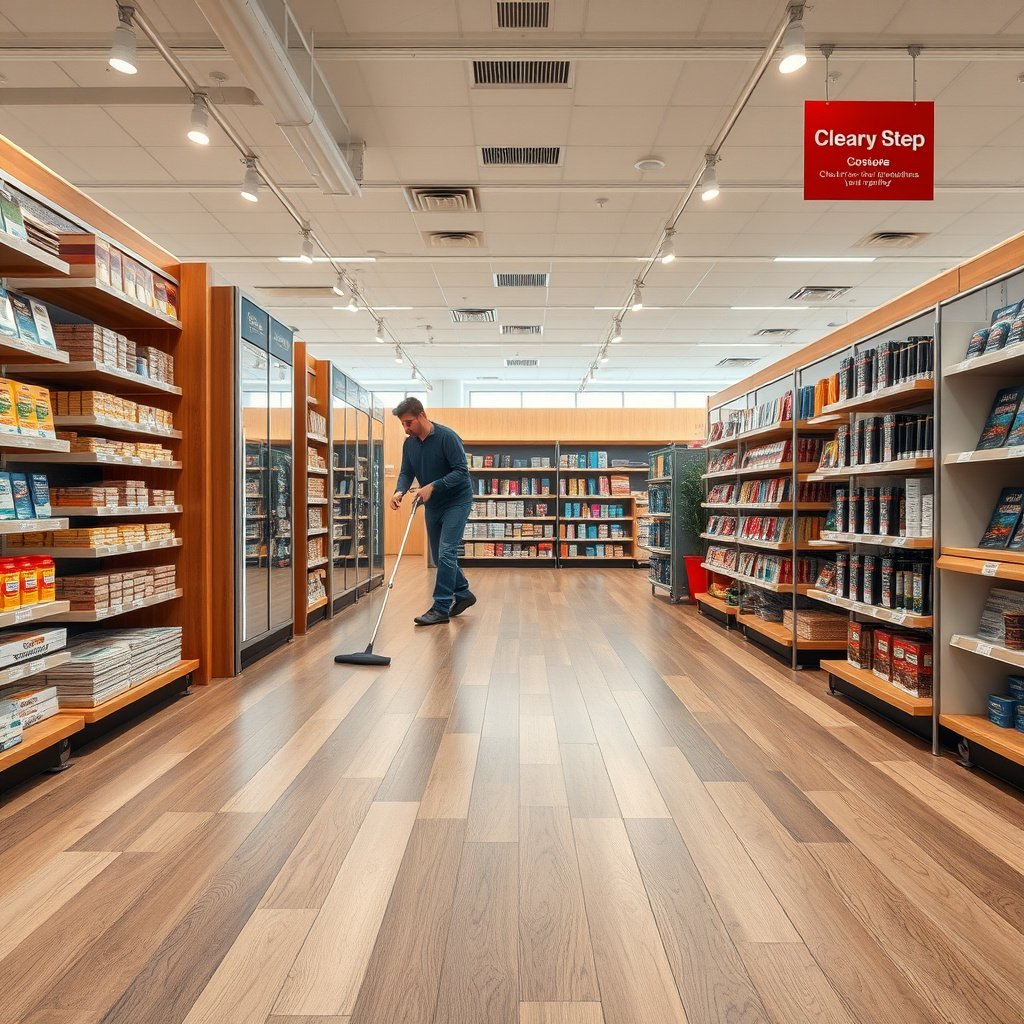 Retail store laminate floor preparation before mopping for effective cleaning.