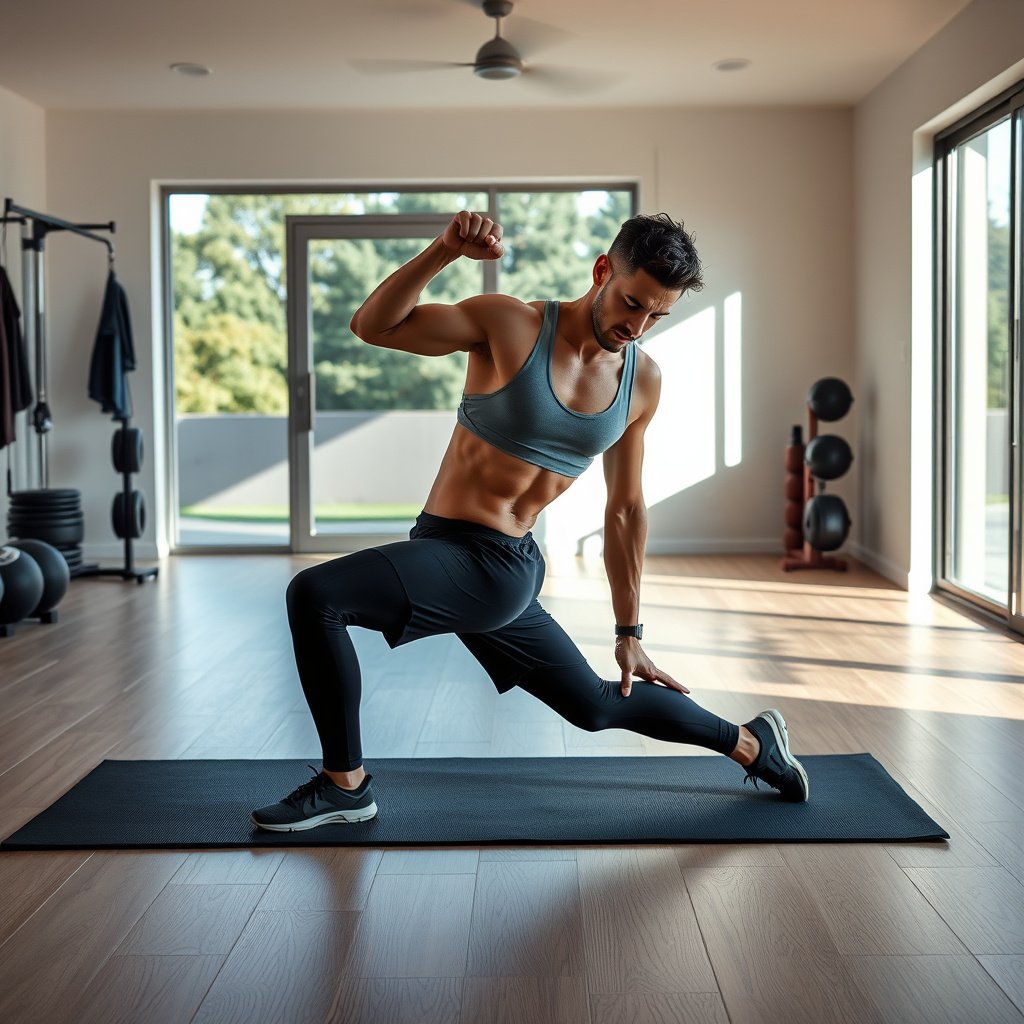 Person preparing laminate floors in a home gym for cleaning with a broom and vacuum.