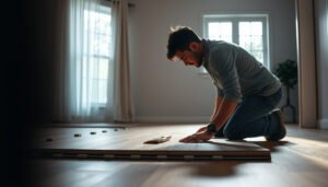 Steps to prepare laminate floors for a dining room setup, showcasing cleaning and maintenance tips.